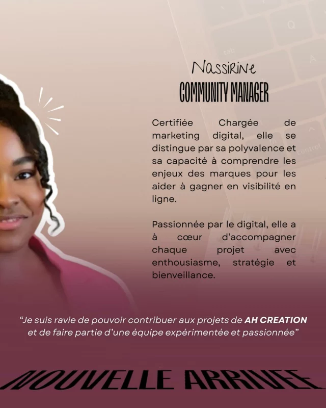 Nassirine rejoint l’aventure. 🥳

J’ai le plaisir de l’accueillir. 😊 
Elle m’accompagnera dans la gestion et le développement de mes projets digitaux, avec un focus particulier sur des missions de community management et la mise à jour de mon site web.

Bienvenue dans cette collaboration, Nassirine ! 🚀

#bienvenue #nouvellecollaboration #teamwork #marketingdigital #communitymanagement